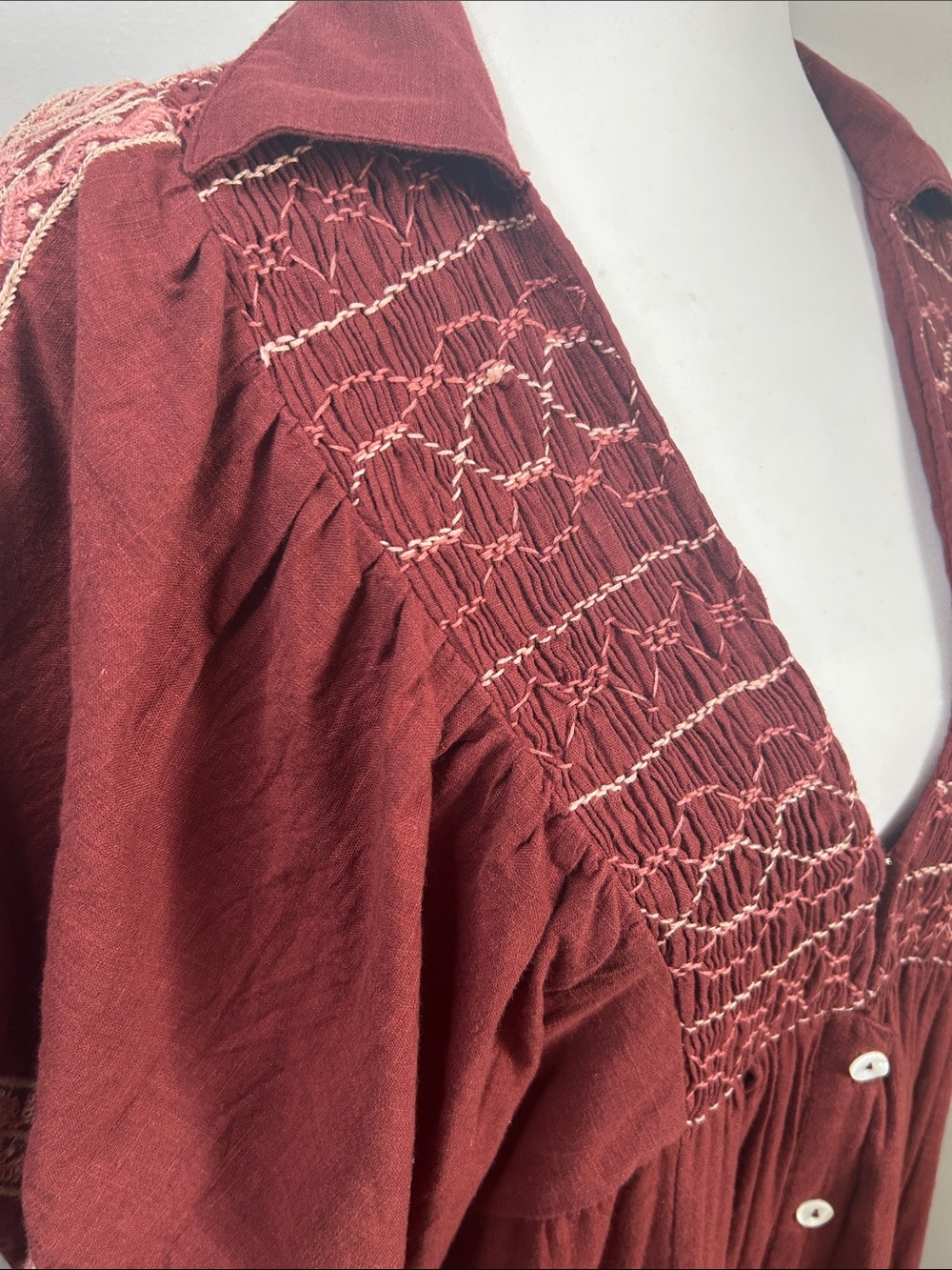 Free People Samantha Shirtdress"Double Dare" Red Intricate Shoulder Embroidery - Picture 4 of 13